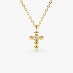14K Gold Tiny Ball Diamond Cross Necklace