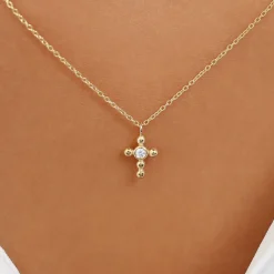 14K Gold Tiny Ball Diamond Cross Necklace
