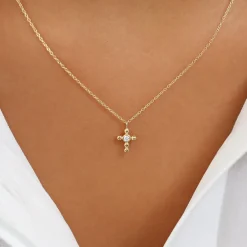 14K Gold Tiny Ball Diamond Cross Necklace