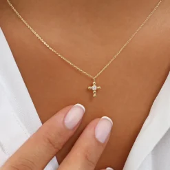 14K Gold Tiny Ball Diamond Cross Necklace