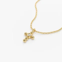 14K Gold Tiny Ball Diamond Cross Necklace