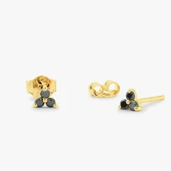 14K Gold Tiny Black Diamond Trio Stud Earrings