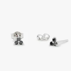 14K Gold Tiny Black Diamond Trio Stud Earrings