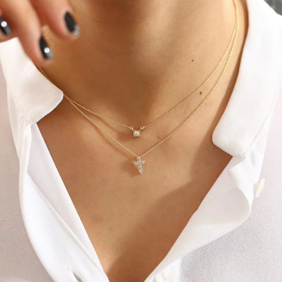 14K Gold Tiny Diamond Cross Necklace