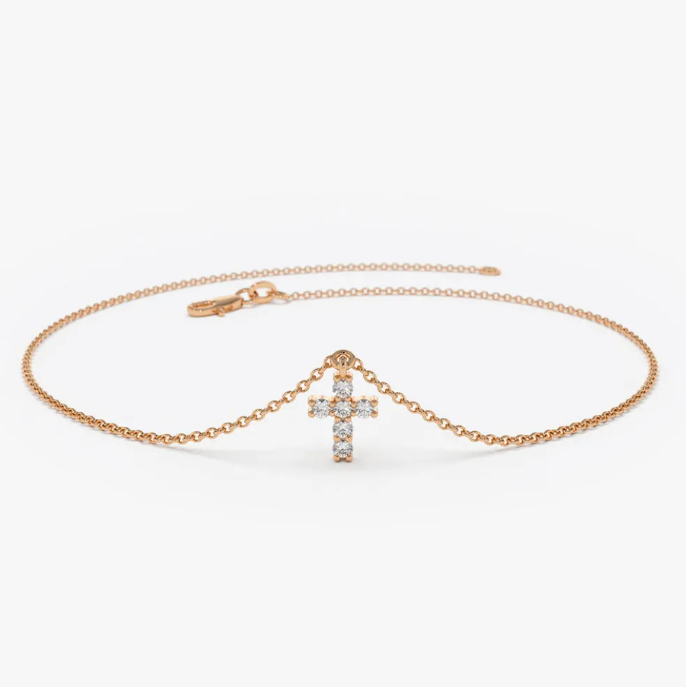 14k Gold Tiny Diamond Cross Charm Bracelet