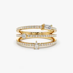 14k Gold Triple Row Mix Diamond Statement Ring