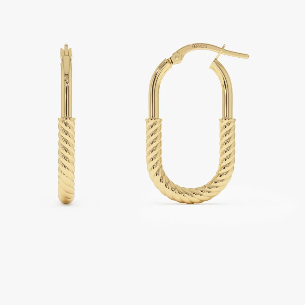14K Gold Twisted Rope Oval Hoop Earrings