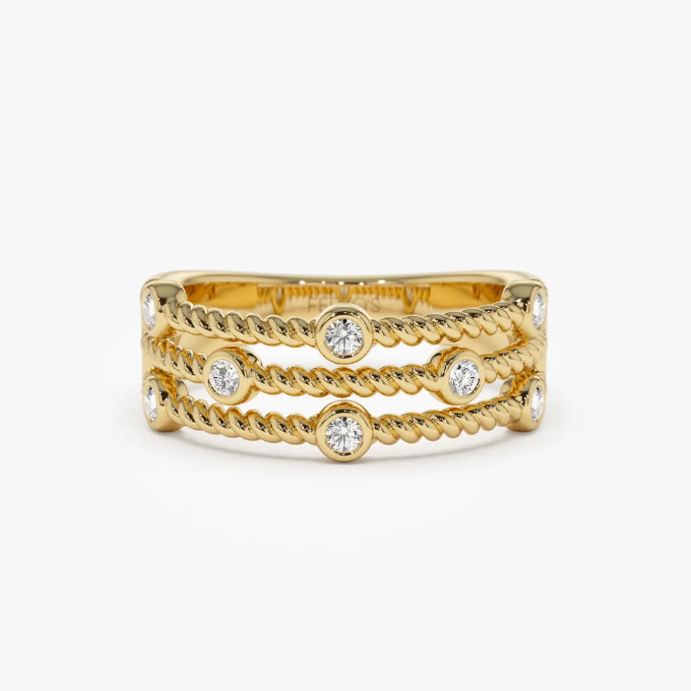 14K Gold Twisted Rope Triple Diamond Ring
