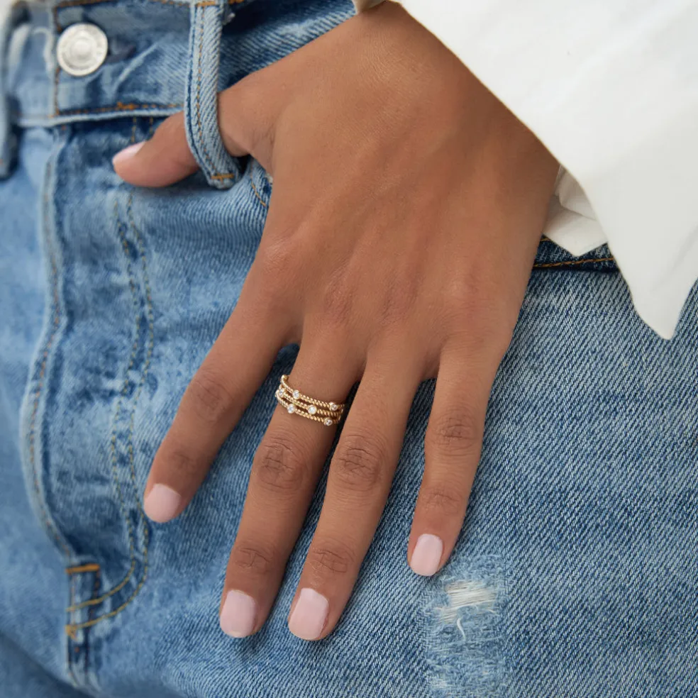 14K Gold Twisted Rope Triple Diamond Ring