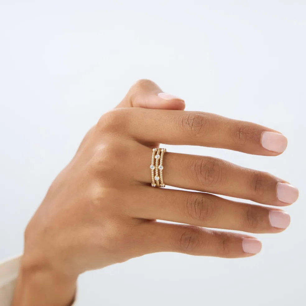 14K Gold Twisted Rope Triple Diamond Ring