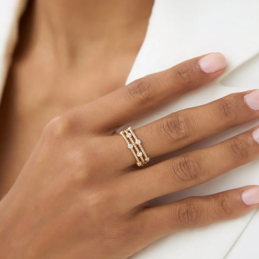 14K Gold Twisted Rope Triple Diamond Ring