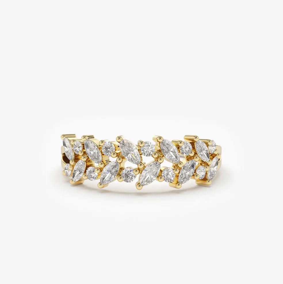 14K Gold Two Row Marquise & Round Diamond Ring