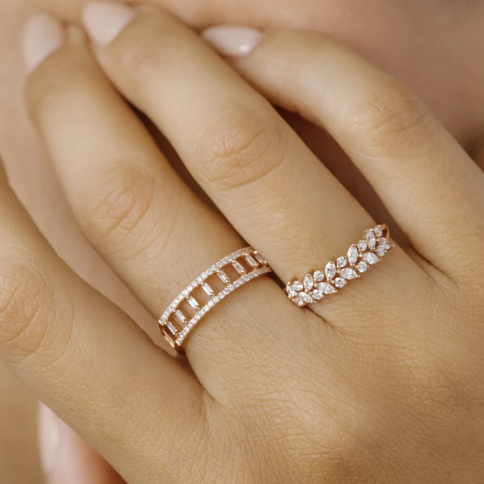 14K Gold Two Row Marquise & Round Diamond Ring