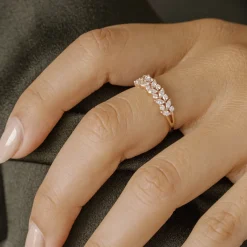 14K Gold Two Row Marquise & Round Diamond Ring