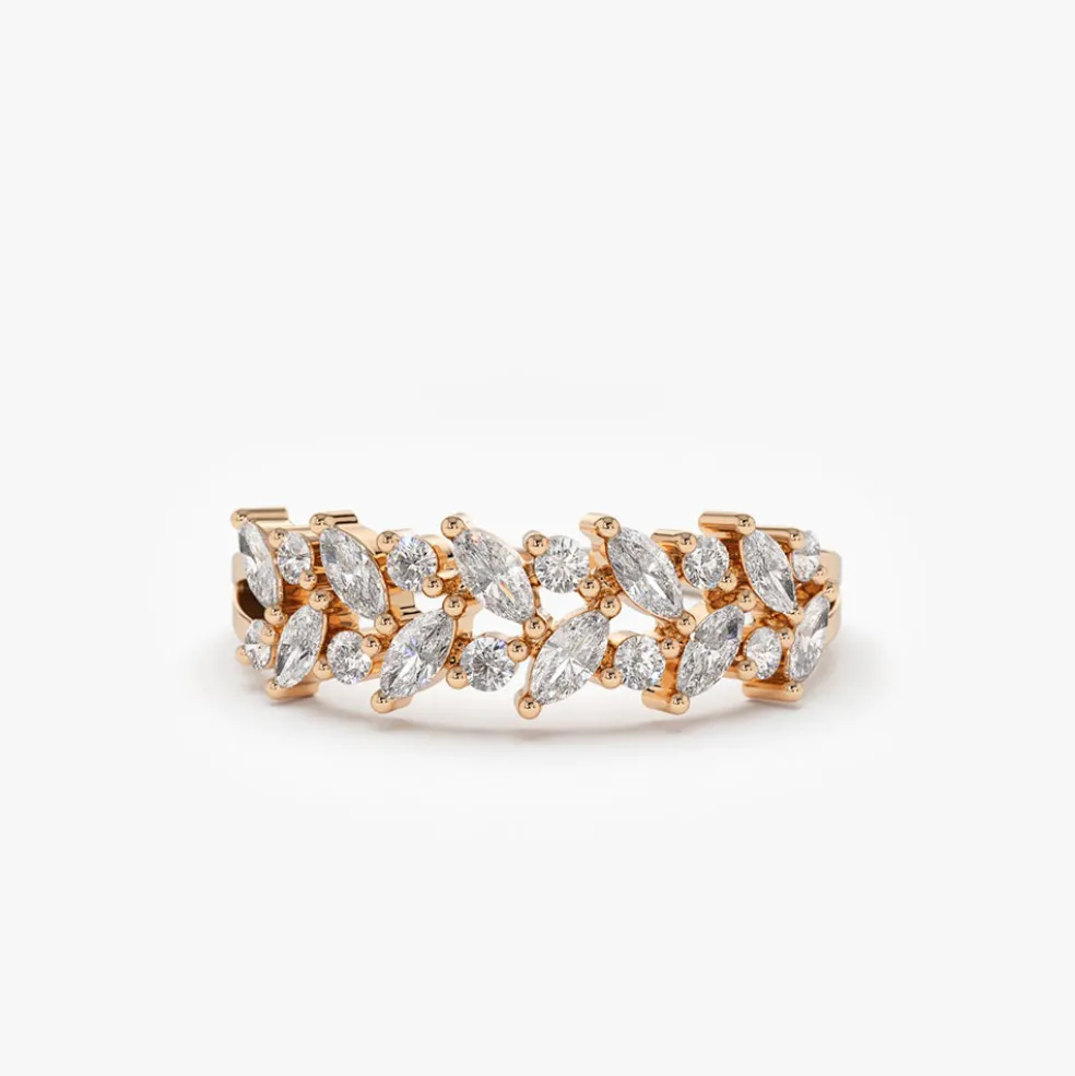 14K Gold Two Row Marquise & Round Diamond Ring