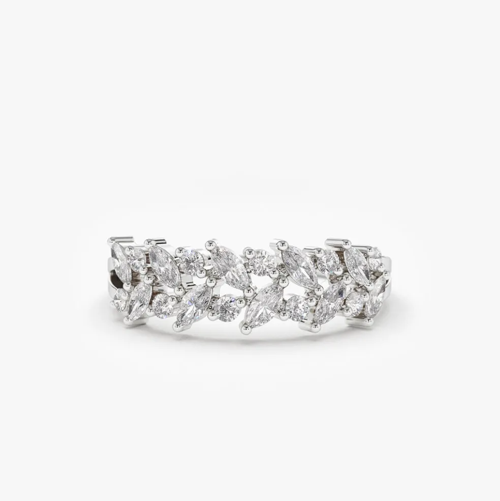 14K Gold Two Row Marquise & Round Diamond Ring