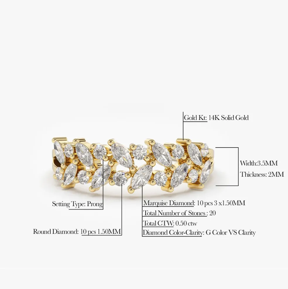 14K Gold Two Row Marquise & Round Diamond Ring