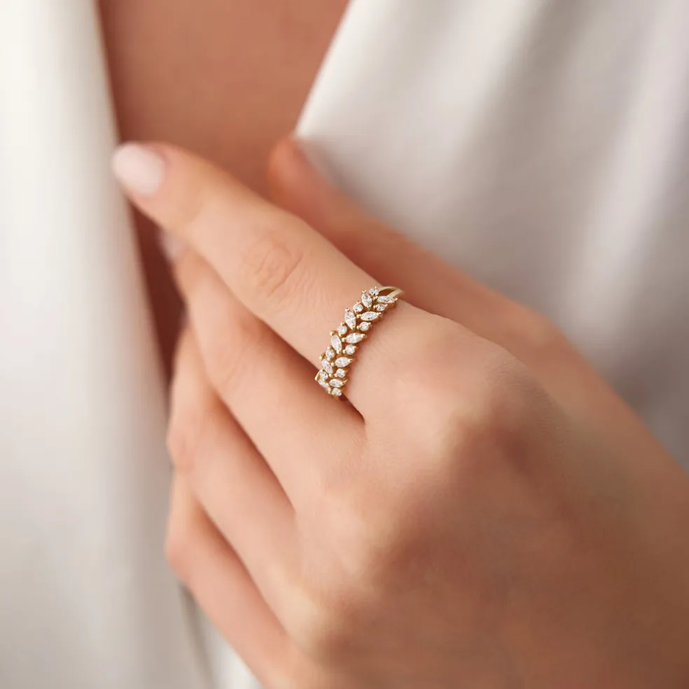14K Gold Two Row Marquise & Round Diamond Ring