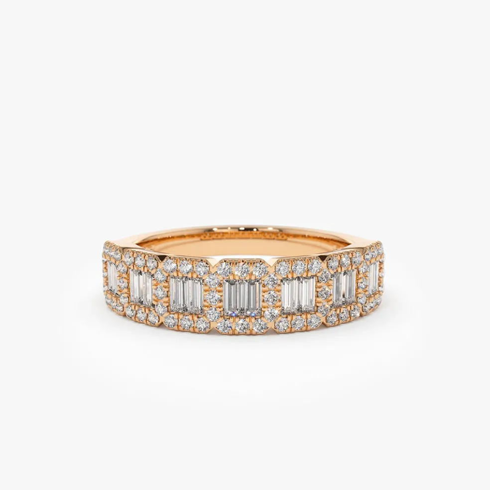 14K Gold Unique Baguette and Round Diamond Anniversary Ring