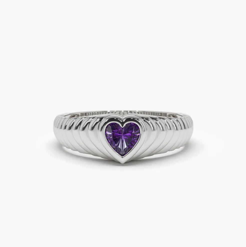14k Heart Shape Amethyst Beveled Ring