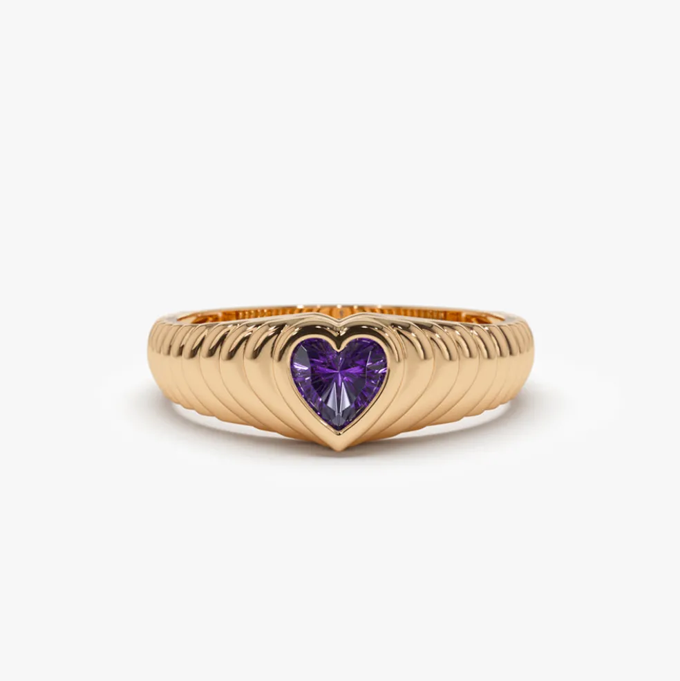 14k Heart Shape Amethyst Beveled Ring