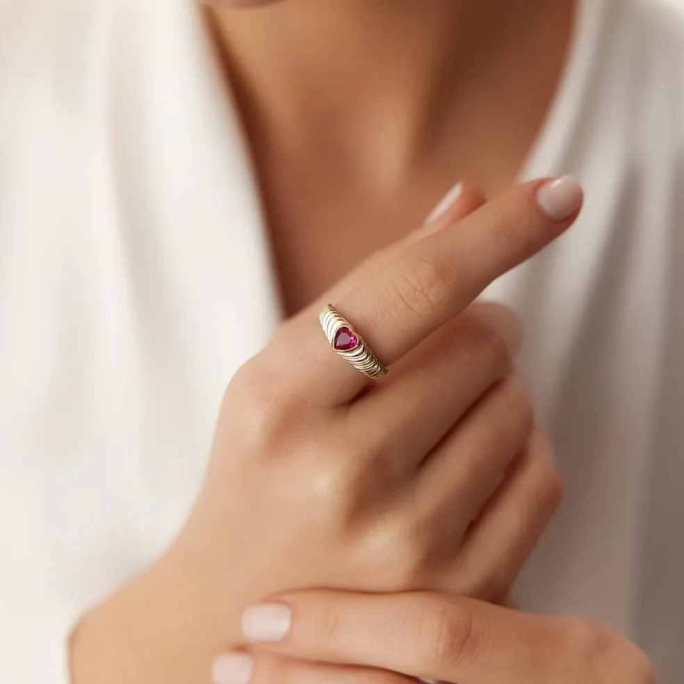 14k Heart Shape Garnet Beveled Ring