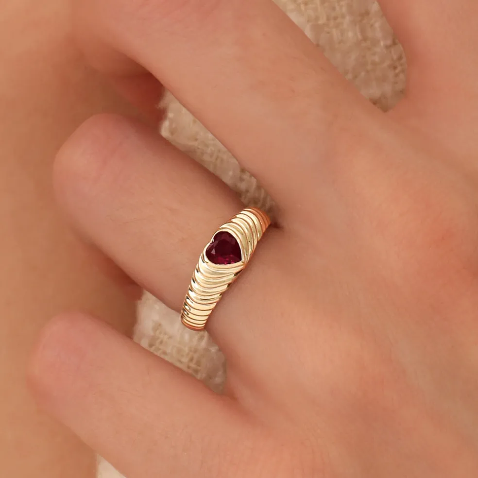 14k Heart Shape Garnet Beveled Ring