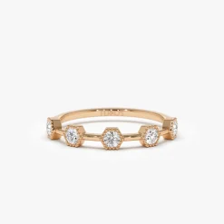 14k Hexagon Milgrain Setting Five Stone Diamond Ring