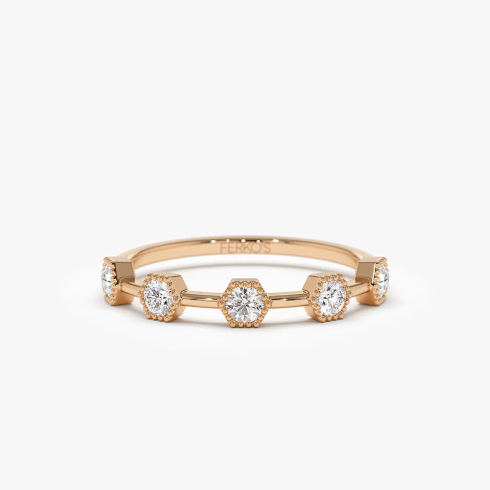 14k Hexagon Milgrain Setting Five Stone Diamond Ring