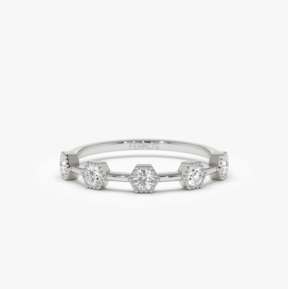 14k Hexagon Milgrain Setting Five Stone Diamond Ring