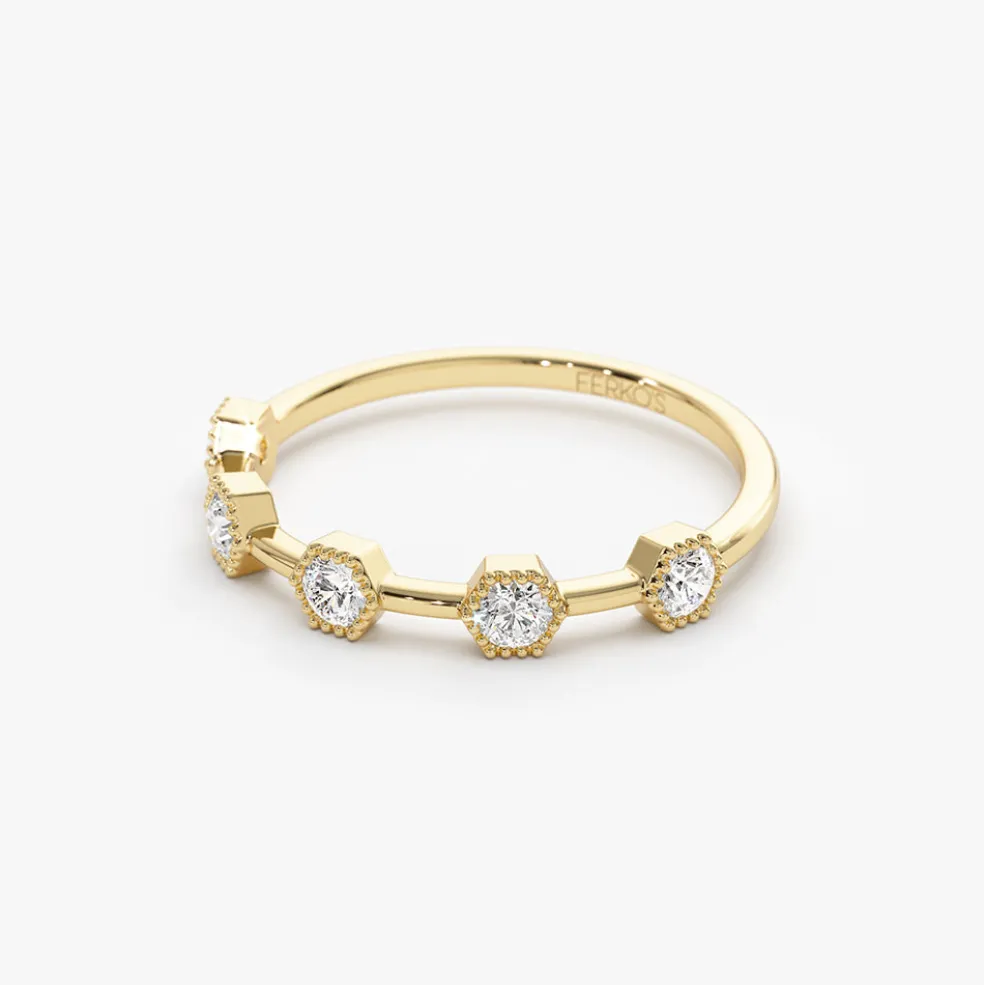 14k Hexagon Milgrain Setting Five Stone Diamond Ring