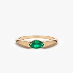 14K Horizontal Marquise Shape Natural Emerald Ring