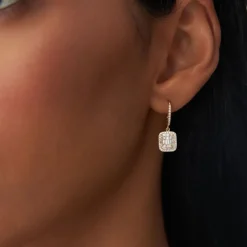 14k Illusion Setting Baguette Diamond Dangling Hoop Earrings