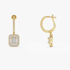 14k Illusion Setting Baguette Diamond Dangling Hoop Earrings