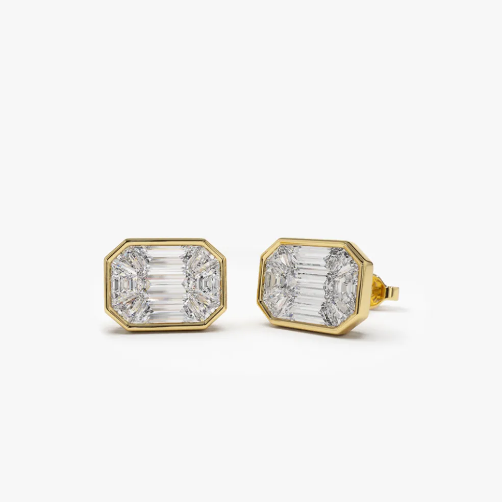 14k Illusion Setting Step Cut Mosaic Diamond Studs