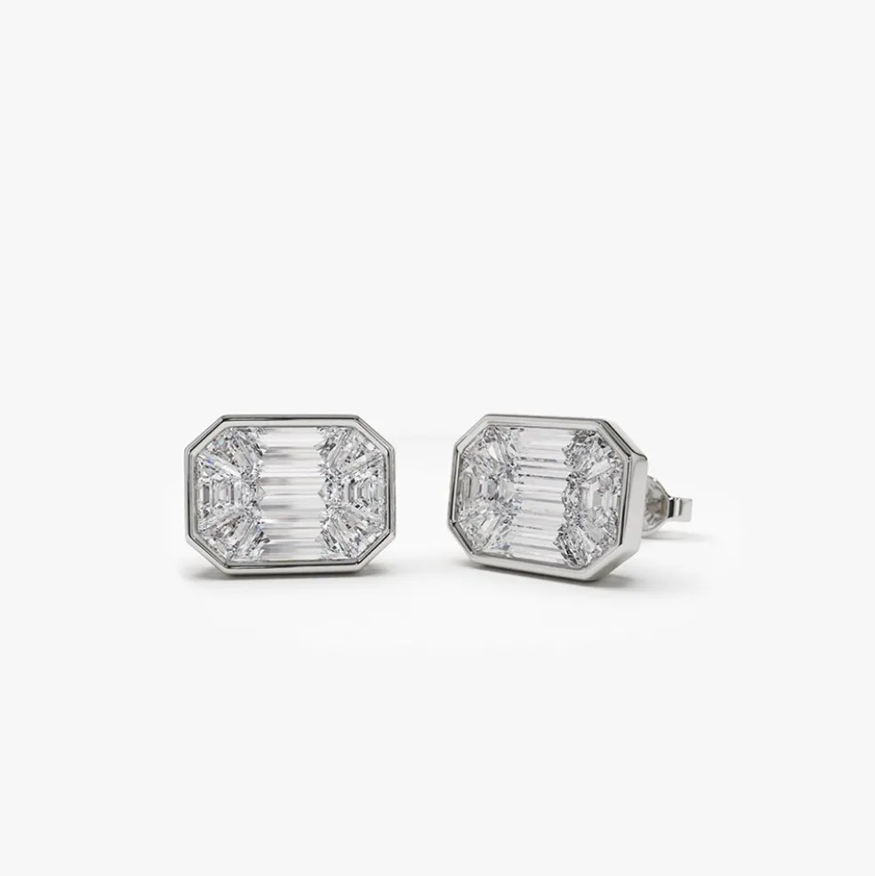 14k Illusion Setting Step Cut Mosaic Diamond Studs
