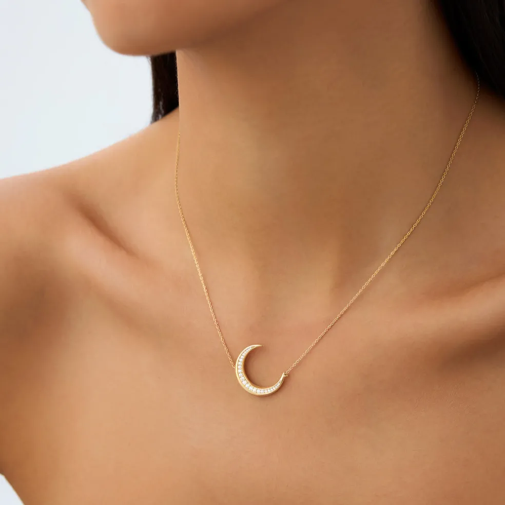14k Large Diamond Crescent Moon Necklace