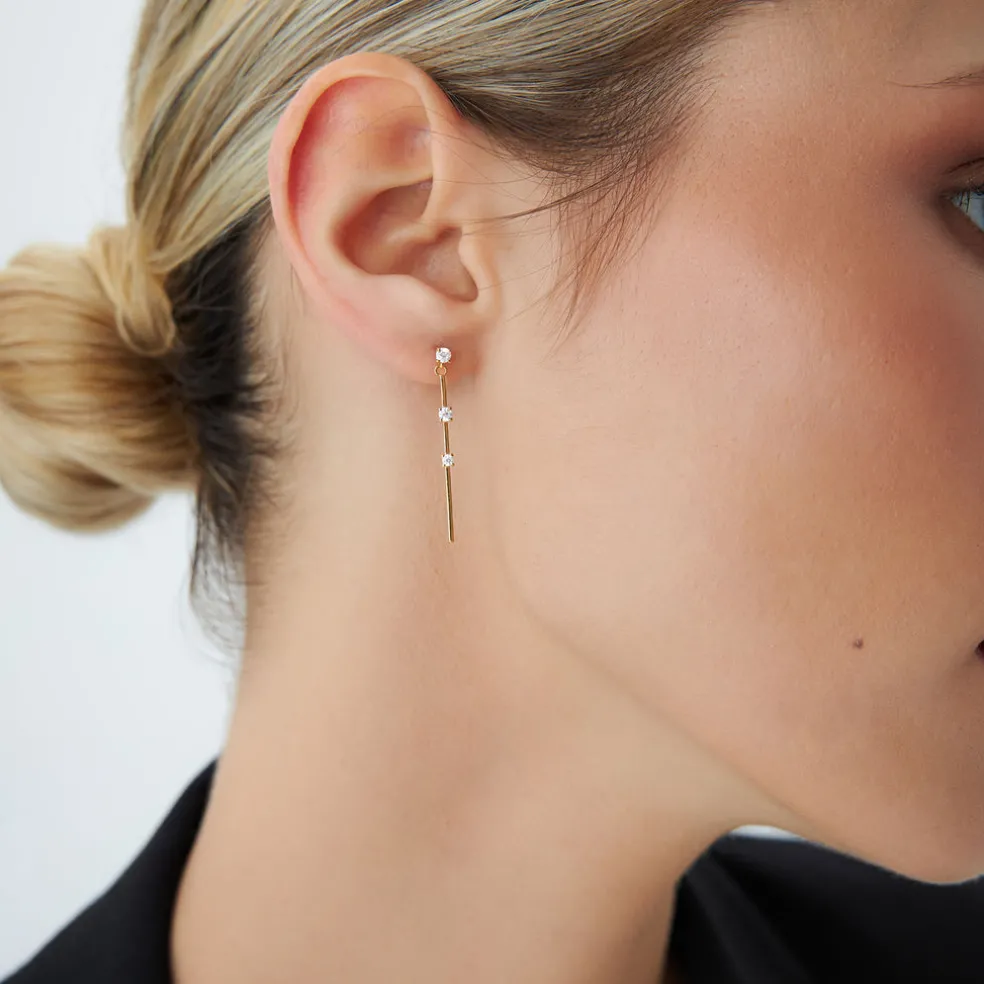 14K Linear Bar Triple Diamond Drop Earrings