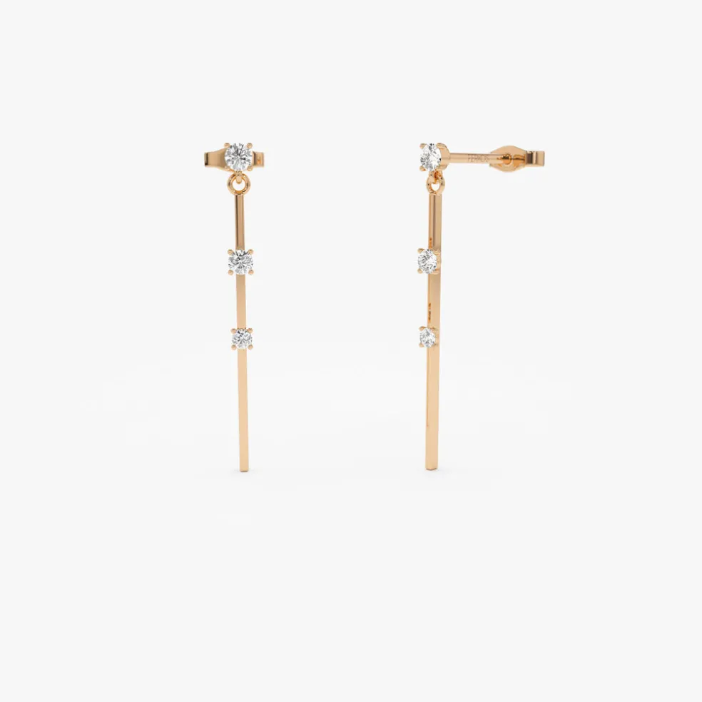 14K Linear Bar Triple Diamond Drop Earrings
