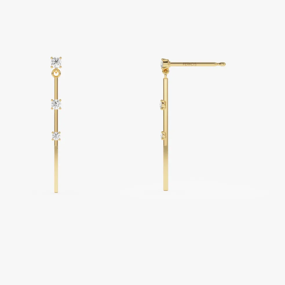 14K Linear Bar Triple Diamond Drop Earrings