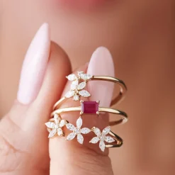 14k Marquise Diamond Multi-Flower Ring