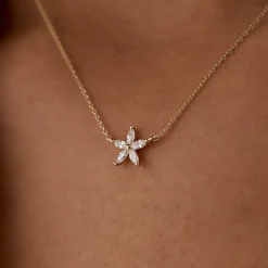 14k Marquise Shaped Diamond Flower Design Necklace