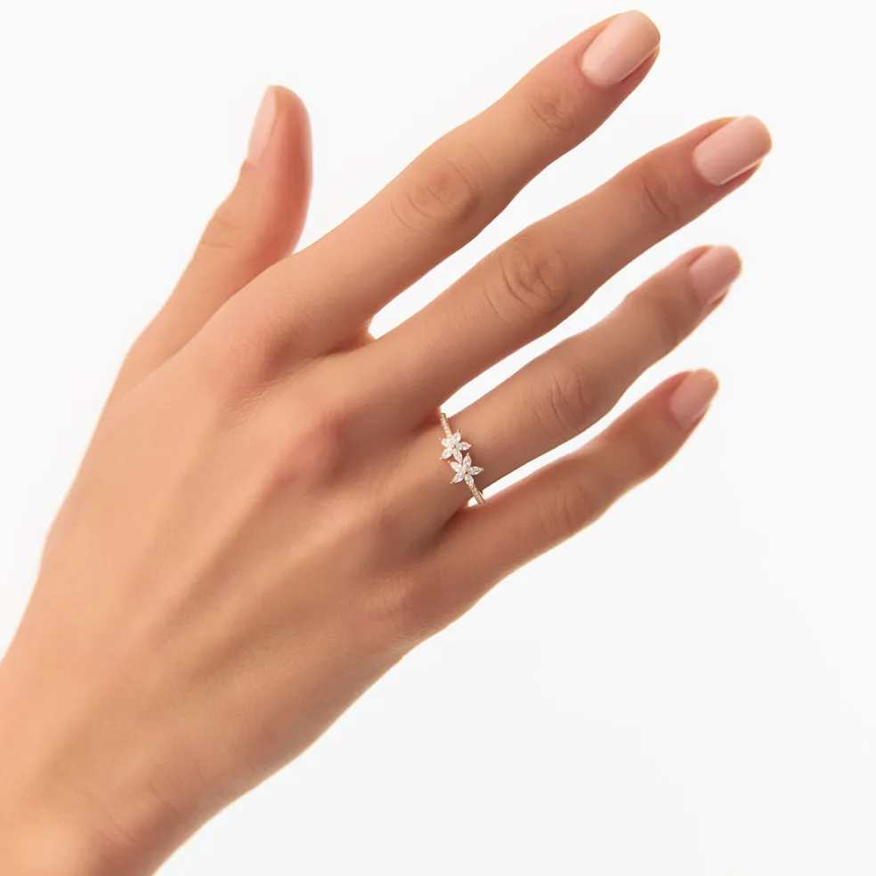 14k Marquise Shaped Diamond Flower Design Statement Ring
