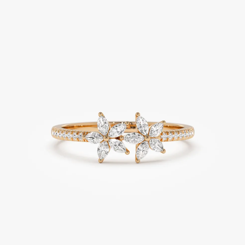 14k Marquise Shaped Diamond Flower Design Statement Ring