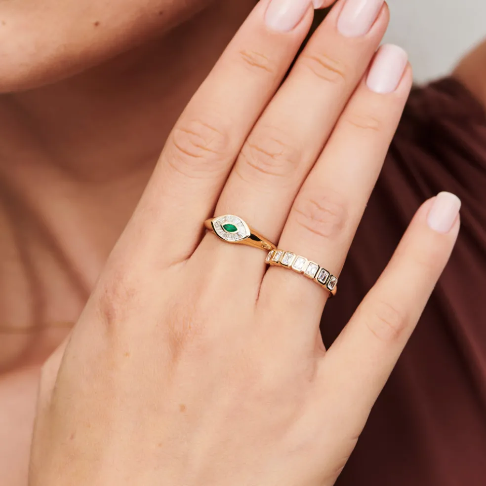 14k Marquise Shaped Emerald and Baguette Diamond Ring