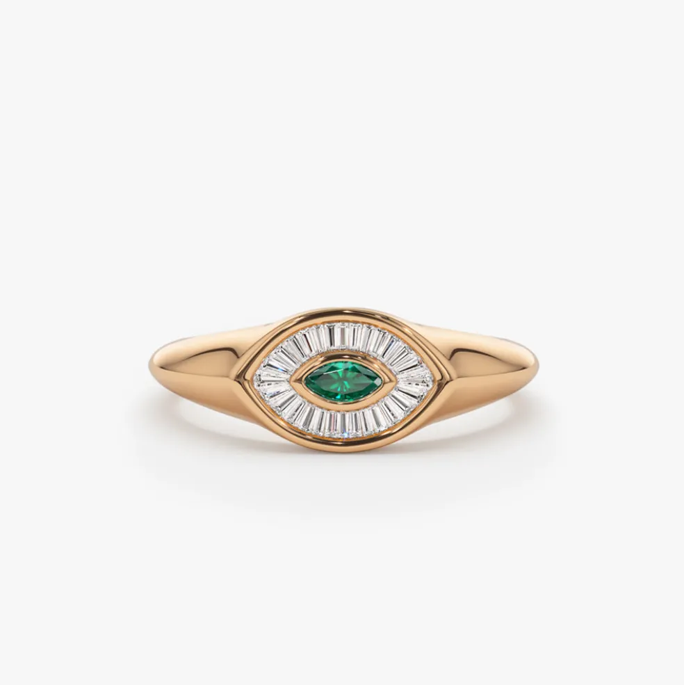 14k Marquise Shaped Emerald and Baguette Diamond Ring
