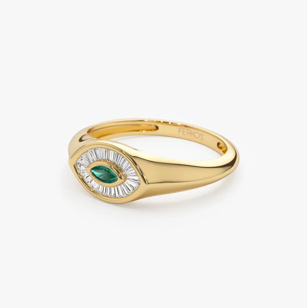 14k Marquise Shaped Emerald and Baguette Diamond Ring