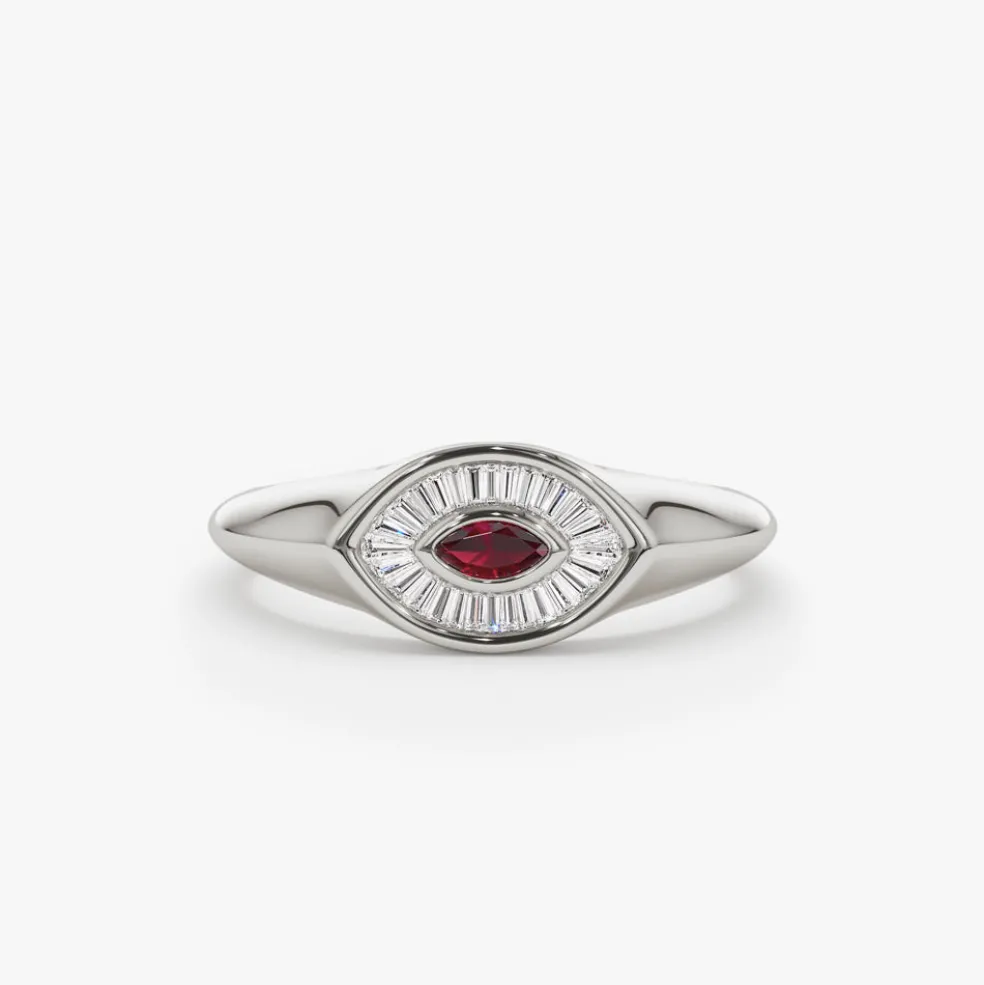 14k Marquise Shaped Ruby and Baguette Diamond Ring