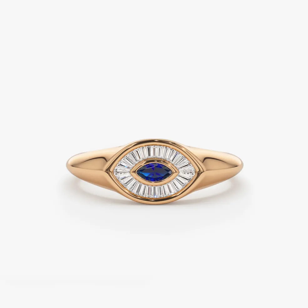 14k Marquise Shaped Sapphire and Baguette Diamond Ring