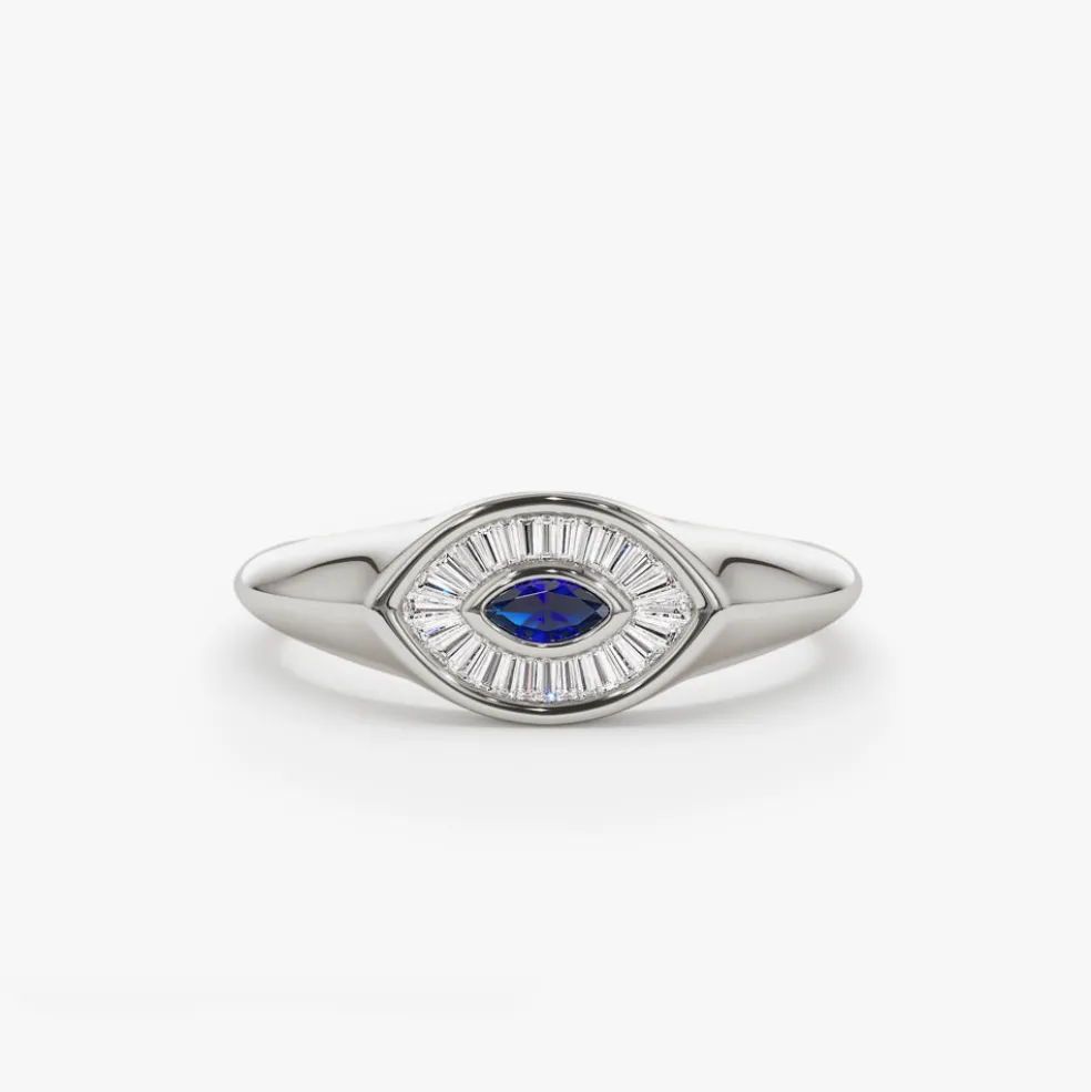 14k Marquise Shaped Sapphire and Baguette Diamond Ring